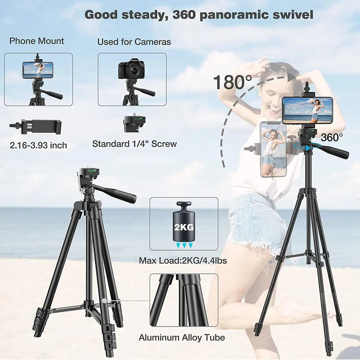 Adjustable 102cm Phone Tripod With Bluetooth Remote